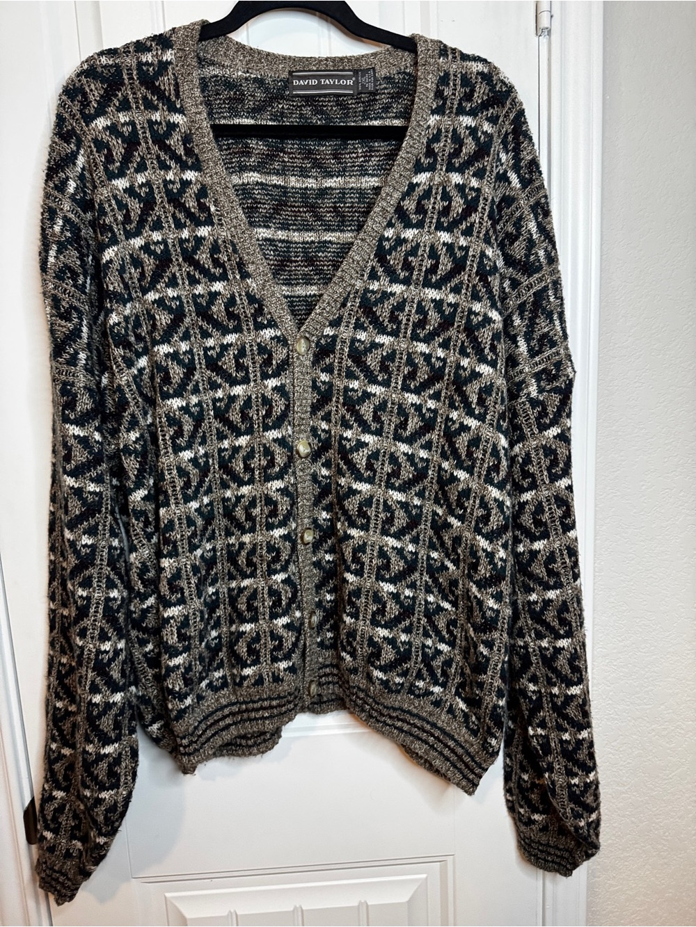 David Taylor Cardigan Mens Brown Black Geometric Jacquard Knit Grandpa Sweater